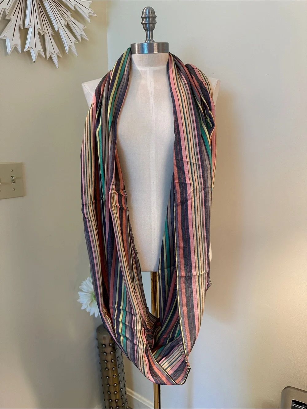 Copper Key Multicolor Striped Infinity Scarf with Pink, Green & Yellow